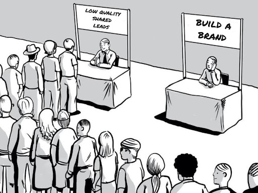 Funny cartoon about building a brand and shared leads.