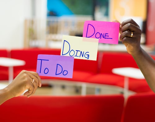 Three people holding up post it notes showing the process of task completion